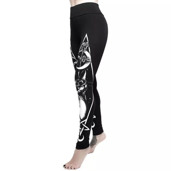 KILLSTAR Umbra Black White Printed Cat Night Sky Stretchy Goth Leggings XXL - Picture 10 of 11